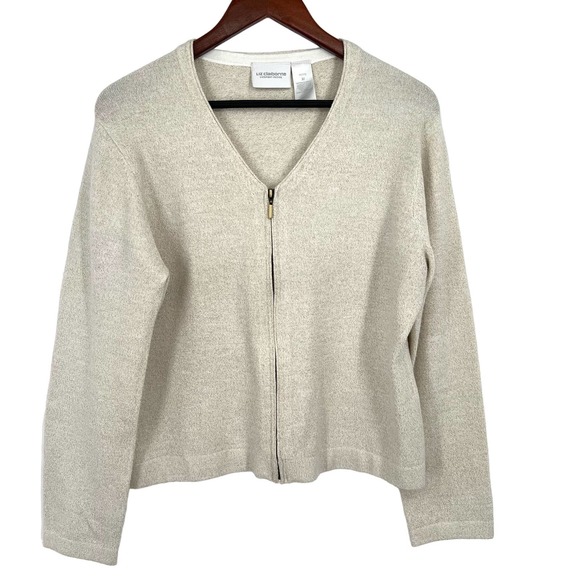 Liz Claiborne Tops - Liz Claiborne Petite Medium Gold Glitter Zip Sweater Blouse Shirt Top Christmas